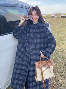深蓝色复古格纹双面呢连帽大衣女2025秋学院风宽松休闲中长款外套图片