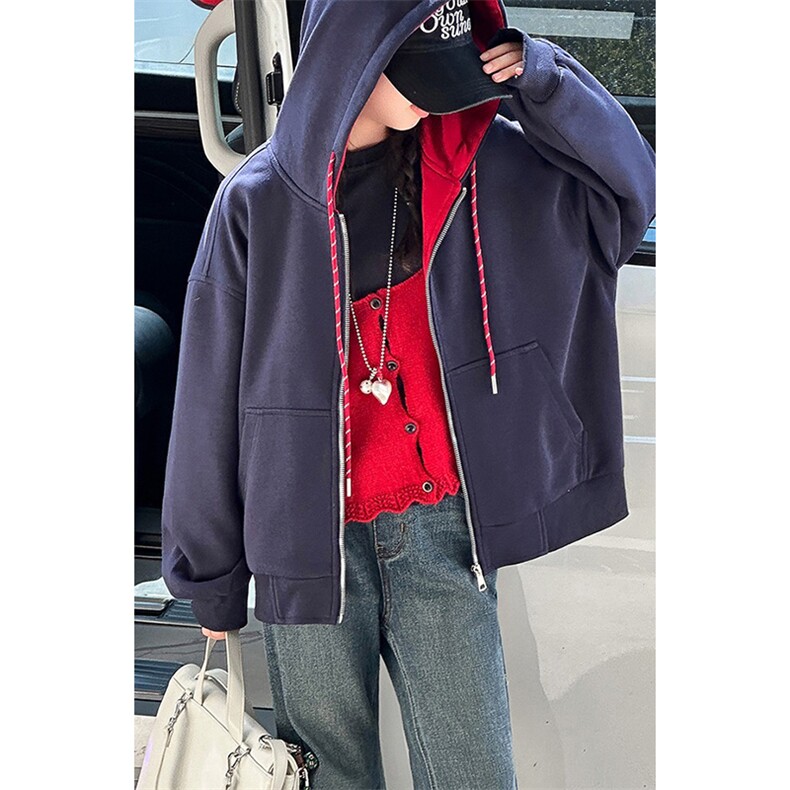 抖音得物二开美式高街重磅结构双层撞色连帽卫衣开衫外套W116，女装短外套，电商A486-1