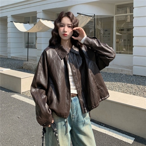 简约潮流咖色美拉德翻领皮衣外套女2025秋季日系松弛风复古pu夹克图片