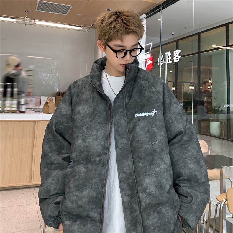港风立领PU皮复古做旧印花字母图案设计棉衣男MY77719P130控178,男装棉衣,星座227-7