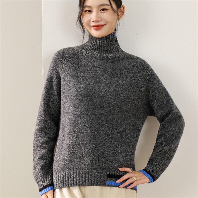 2025年秋季新款百搭女士花纱高领纯色羊毛衫,女装羊毛衫,狄美羊绒