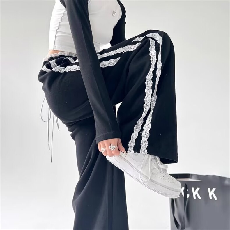 【002】休闲卫裤女高腰拼接蕾丝花感运动阔腿裤A079-K59-P48,男装休闲裤,电商A079