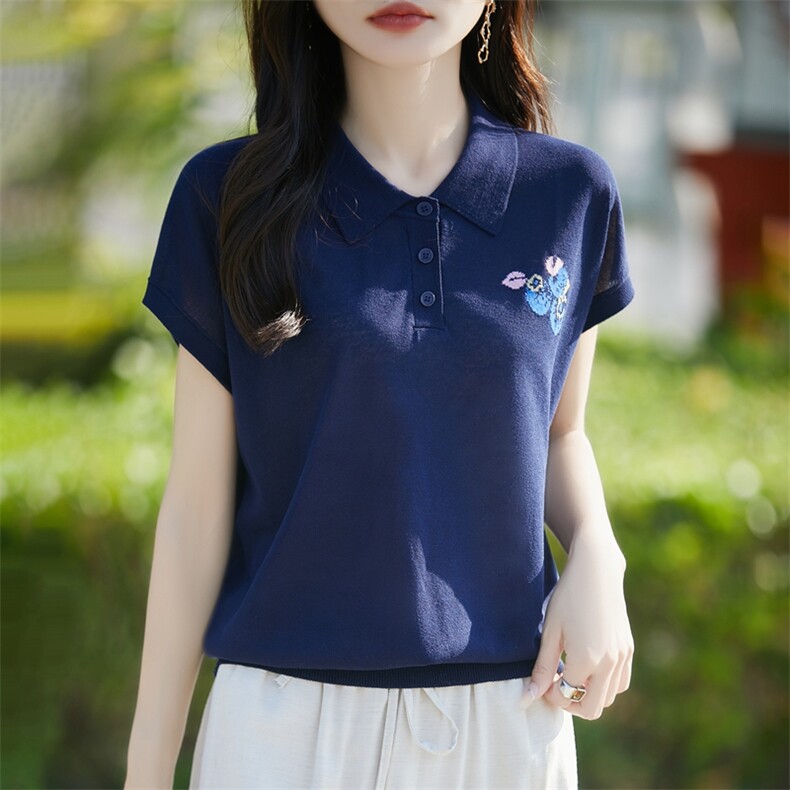 2025夏季翻领短袖T恤女宽松百搭时尚洋气上衣薄款透气小飞袖T恤衫,女装T恤,暖烁羊绒