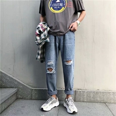 男生裤子ins潮牛仔裤韩版宽松直筒乞丐裤夏季破洞阔腿裤N880-P35，男装牛仔裤，星座1008