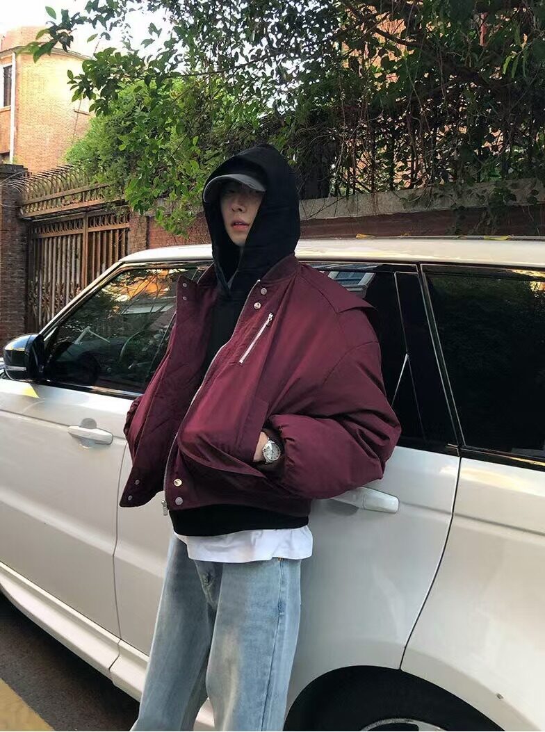 MF09-特P100现货高品质直播款酒红色立领棉衣加棉飞行服,男装棉衣,电商B327