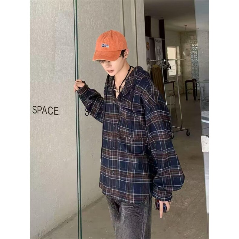 JY374-P62美式复古格子连帽衬衫男女长袖高级感衬衣,男装衬衫,星座1501-3