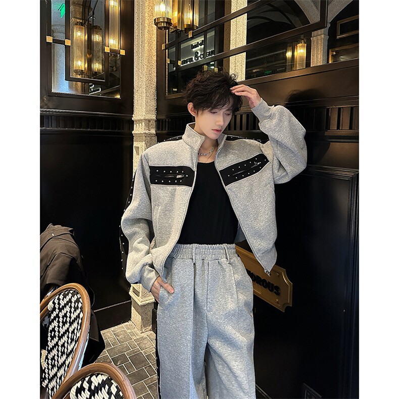 现货！25重工铆钉休闲撞色运动套装TZ16-衣服p128-裤子p88,男装休闲套装,电商B288