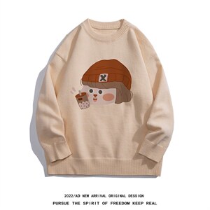 白底22秋冬ins潮趣味小女孩设计感圆领保暖套头毛衣M1055P50控68，男装针织衫/毛衣，电商A247-1