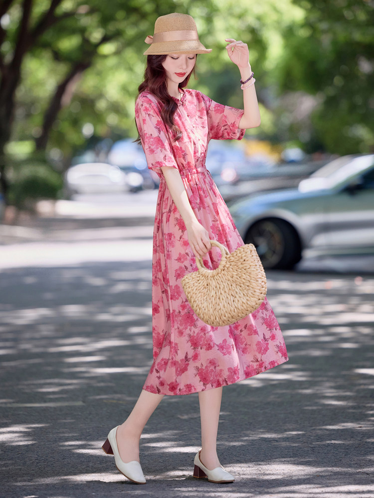 时尚收腰妈妈中年女装大码连衣裙2025夏季新款洋气显瘦棉麻碎花裙,女装连衣裙,涵墨