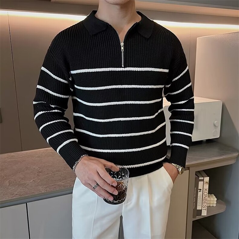 翻领长袖毛衣男秋季韩版宽松复古休闲半拉链条纹针织衫上衣3458,男装针织衫/毛衣,星座1116A-2（原606A-1）
