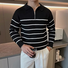 翻领长袖毛衣男秋季韩版宽松复古休闲半拉链条纹针织衫上衣3458，男装针织衫/毛衣，星座1116A-2（原606A-1）