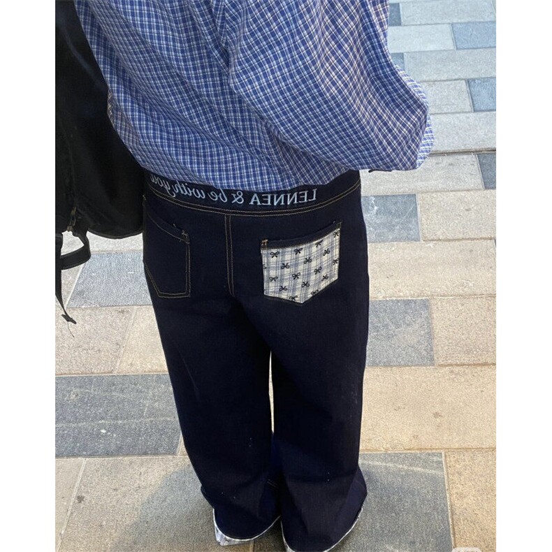 现货格子拼接刺绣牛仔裤春夏美式复古宽松BF慵懒拖地长裤G355P50，男装牛仔裤，电商D256