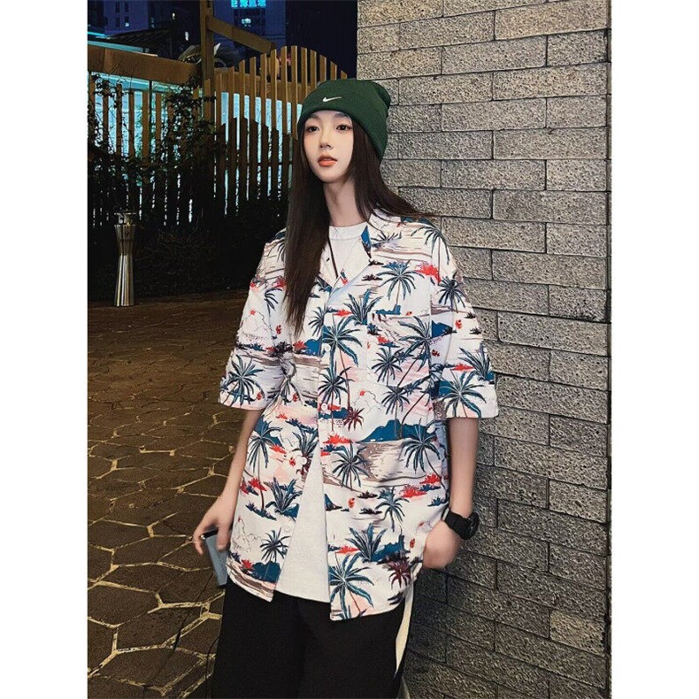 夏季日系碎花短袖衬衫复古青少年夏威夷男女同款沙滩衬衣C123,男装衬衫,星座1116A-2（原606A-1）