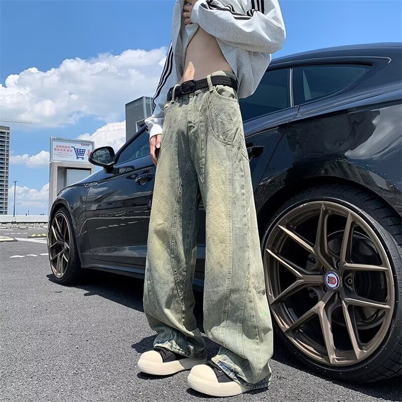 复古牛仔裤男水洗拼接微喇裤子直筒宽松阔腿黄泥色休闲裤N7047,男装牛仔裤,星座1116A-1（原606A）