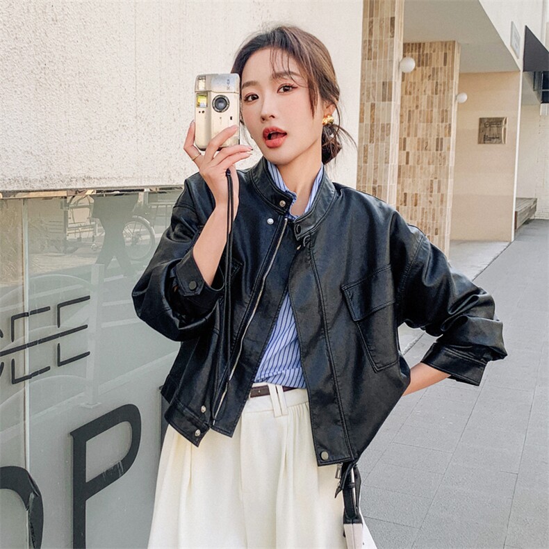 黑色酷飒减龄短款皮衣外套女秋季2025复古气质淡人机车服pu皮夹克,女装皮衣,莘蕾