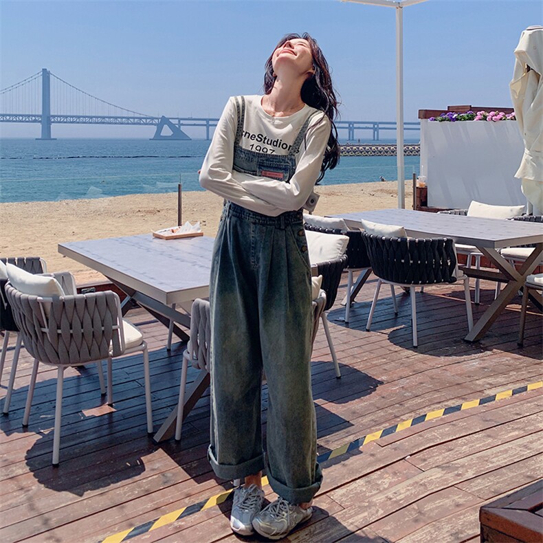 小清新复古牛仔背带裤女2024春秋新款港风休闲高腰显瘦吊带直筒裤,女装套装/套裙,慧尚2-185