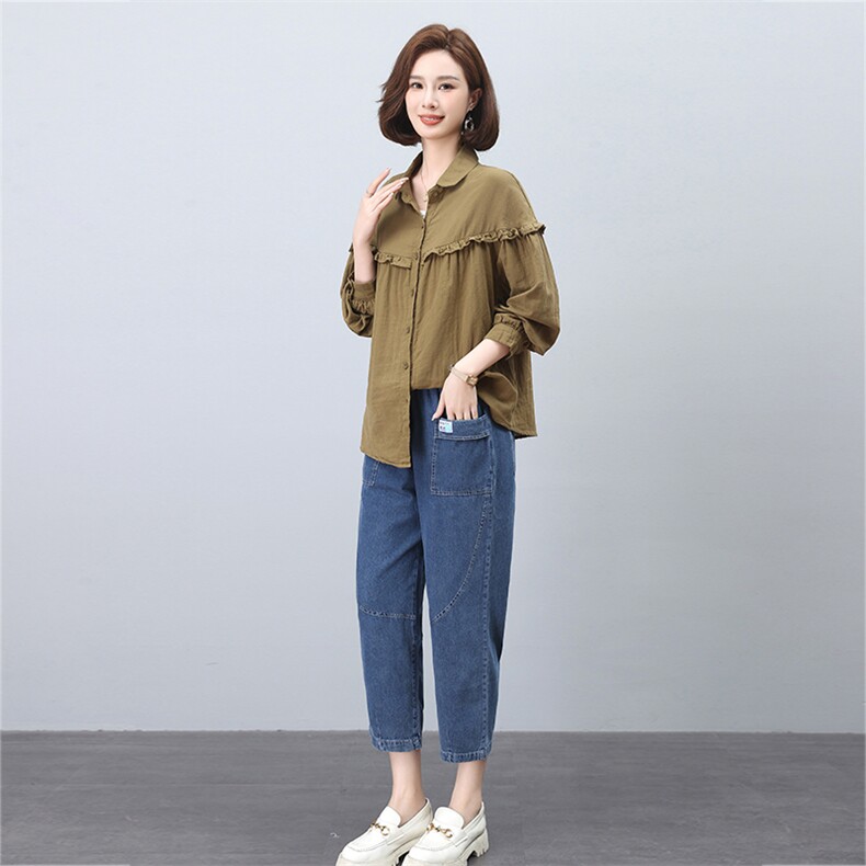 时尚百搭宽松显瘦长袖衬衫牛仔裤套装女秋装新款韩版休闲两件套,女装套装/套裙,叶笙衣
