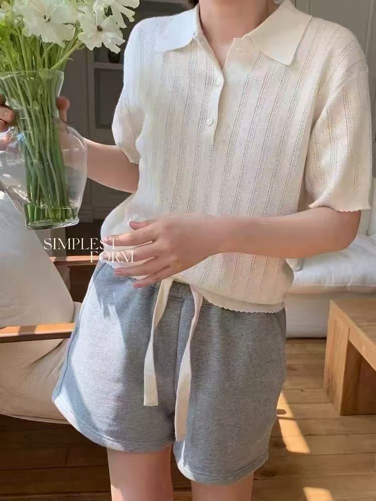 法式polo衫镂空短袖冰丝针织衫女薄款夏季坑别致独特肌理感上衣图片