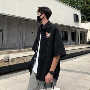 五分袖潮方领青春流行夏季男日常标准新款ins简约潮流文艺衬衫图片