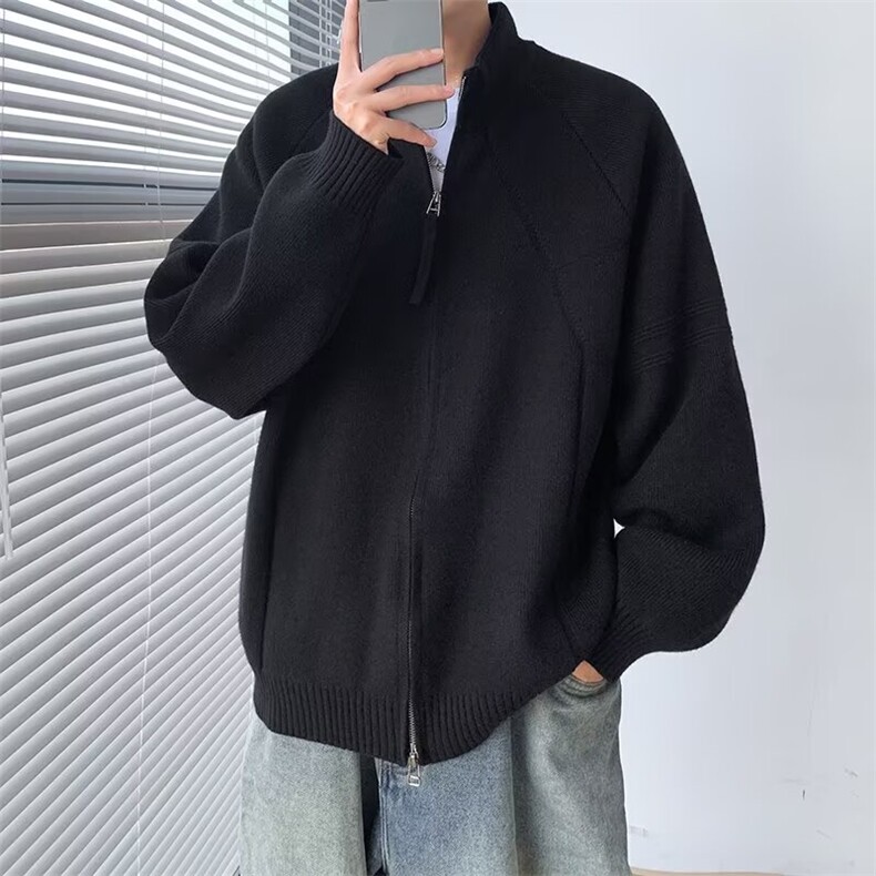 秋冬慵懒风简约百搭纯色重磅拉链休闲宽松毛衣针织立领开衫M276,男装针织衫/毛衣,星座1116A-1（原606A）