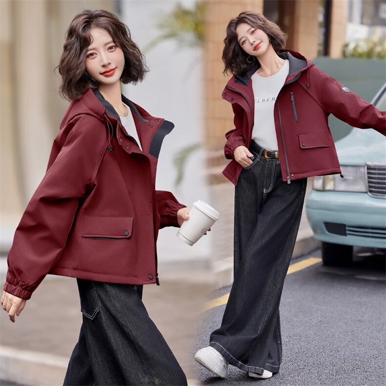 红工装风宽松外套女2025春秋新款宽松休闲短款连帽夹克上衣，女装派克服，依路服饰