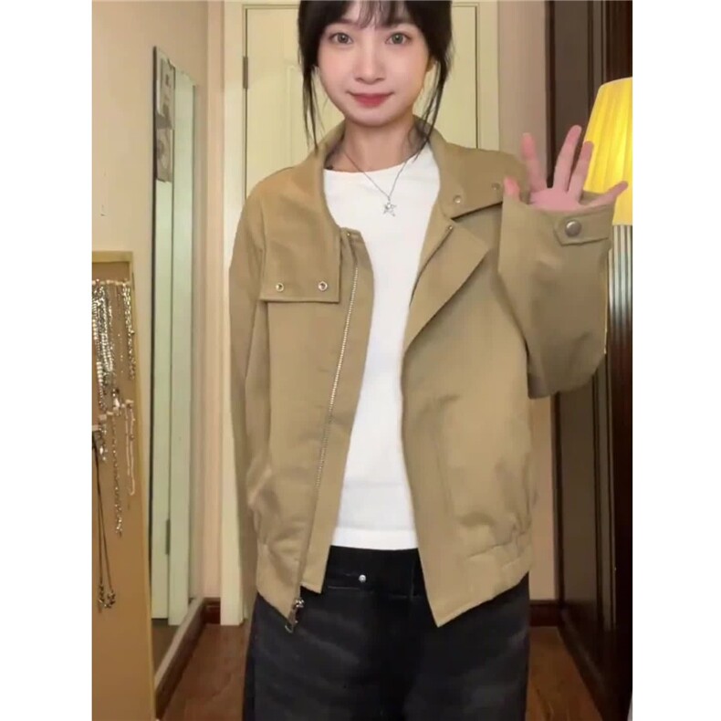 1506-1/JF1121/P62工装短款夹克外套春卡其色翻领宽松翻领上衣图片
