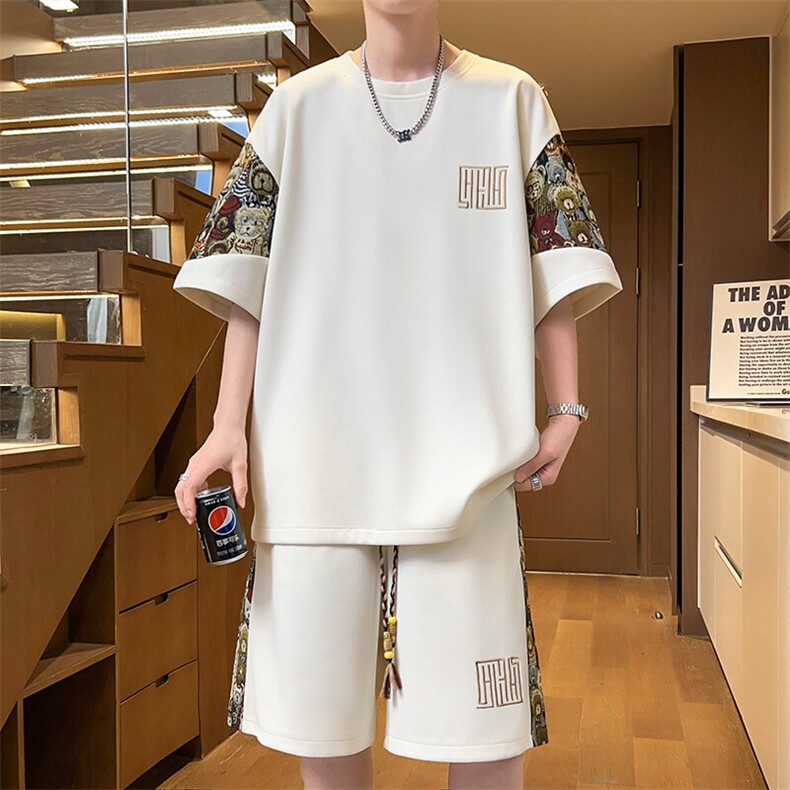 夏季拼接T恤两件套潮流短裤刺绣休闲运动套装男A266-TZ8807-P47,男装T恤,电商A266