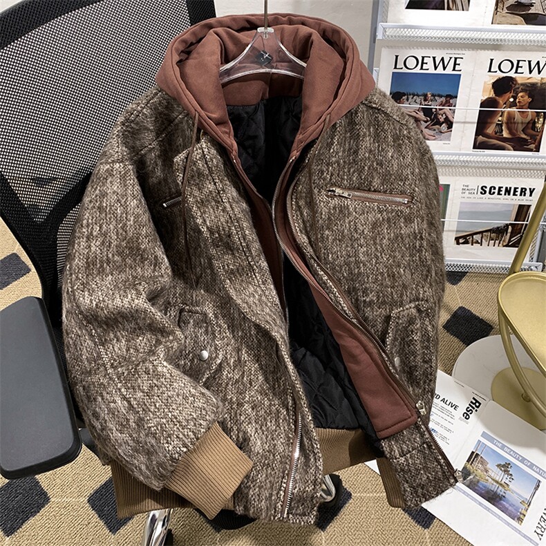 秋冬季毛呢假两件连帽外套潮流宽松加厚保暖棉服,男装棉衣,星座410-6（原星座1304-1）