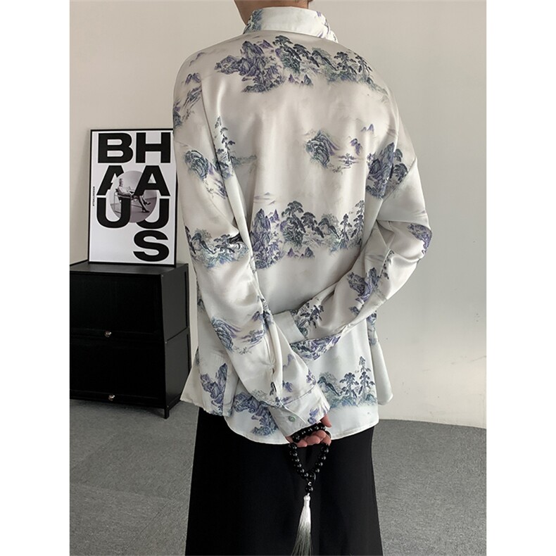 新中式山水画白色衬衫男风复古盘扣流苏设计感衬衣CS4315P95,男装衬衫,星座512-1（原513-3）