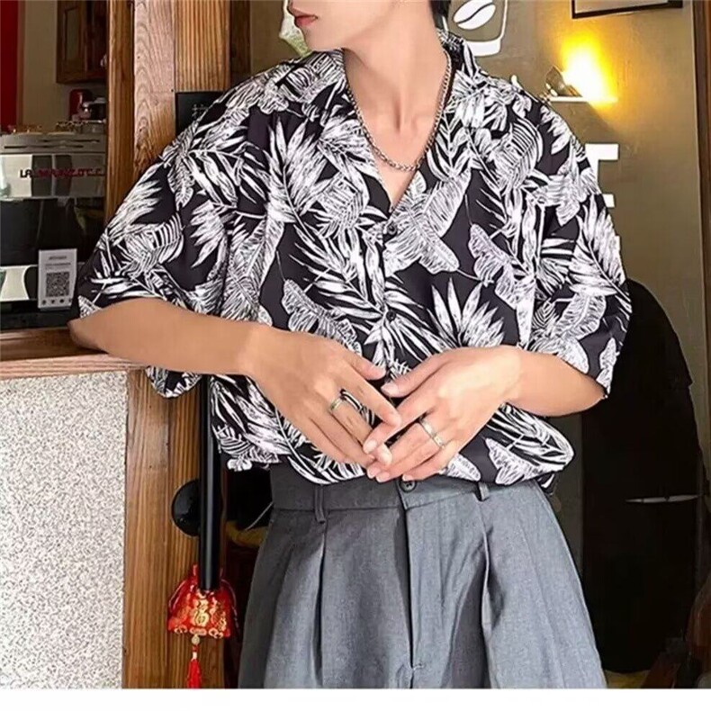夏季日系潮牌新款满印叶子衬衣男ins街头宽松嘻哈青少年短袖衬衫,男装衬衫,星座506A