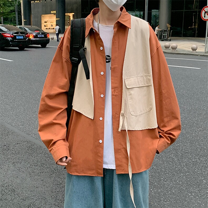 日系复古假两件工装马甲长袖衬衫男女ins风情侣衬衣秋  W1604-P45图片
