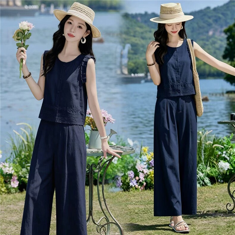 2026夏新款亚麻蕾丝花边拼接马甲阔腿裤套装,女装套装/套裙,瑶迪依秀