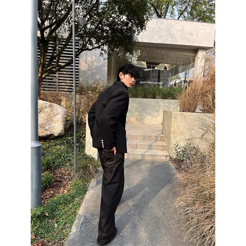 网图青果领黑色西装外套男解构设计高级痞帅收腰西服XZ26P118,男装西服套装,星座512-1（原513-3）