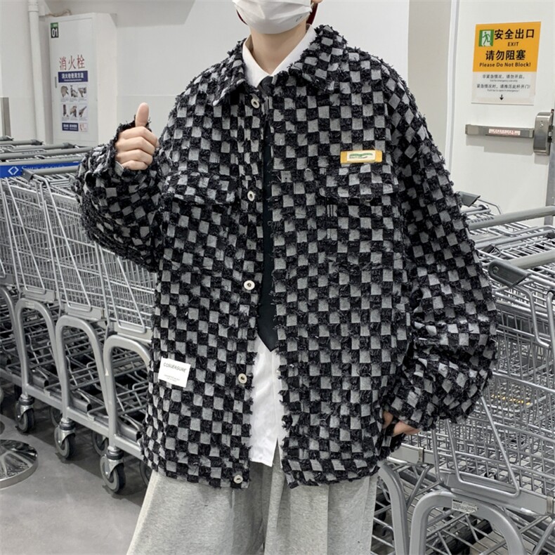 棋盘格牛仔外套男士秋季港风潮牌上衣ins宽松复古夹克JK0265-P80,男装夹克,星座308B-1