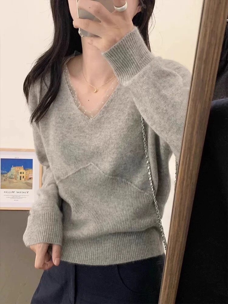 秋冬V领蕾丝花边羊毛衫女宽松显瘦针织打底衫毛衣内搭上衣时尚潮,针织衫/毛衣,雪真羊绒