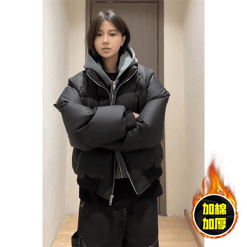 现货高品质重磅工艺美式高街假两件PU皮棉衣男女加厚棉服外套,男装棉衣,电商A443