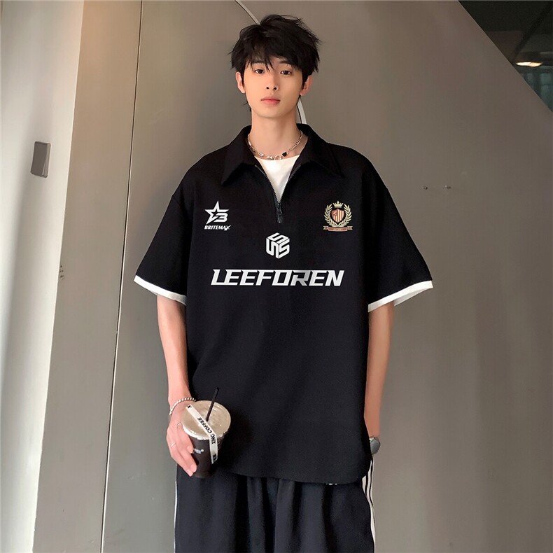学院风2025夏季新款半拉链假两件翻领运动街头POLO衫短袖T308-p38,男装Polo衫,电商C307