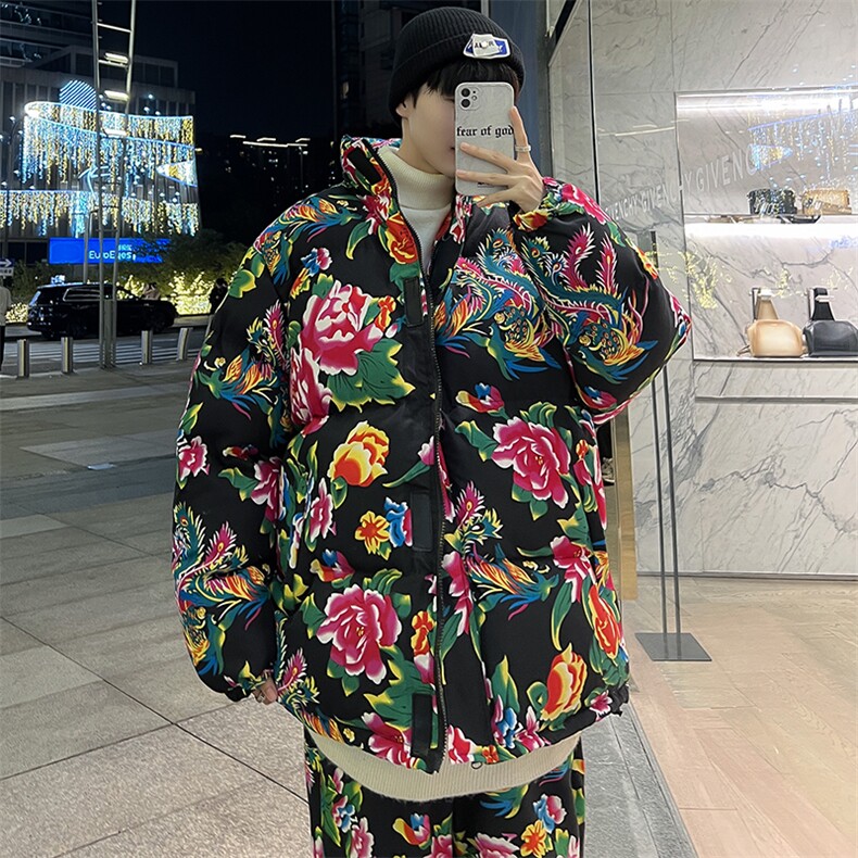 H203情侣东北大花风民族风特色牡丹大花棉袄加绒裤套装男女图片