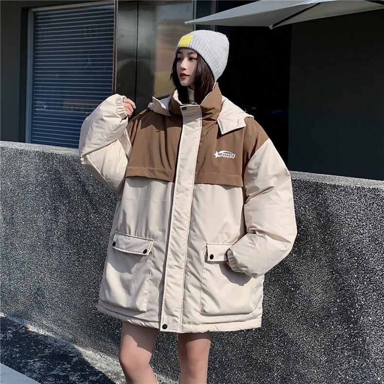 EQ343中性风冬季加厚工装棉衣外套女连帽拼接撞色情侣装棉服2023,女装棉衣/棉服,电商C306-1