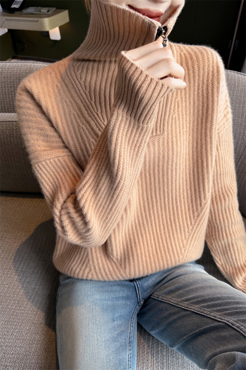 半开领拉链100%纯羊毛衫女翻领加厚提花针织毛衣宽松慵懒风羊绒衫,女装羊毛衫,迅太羊绒