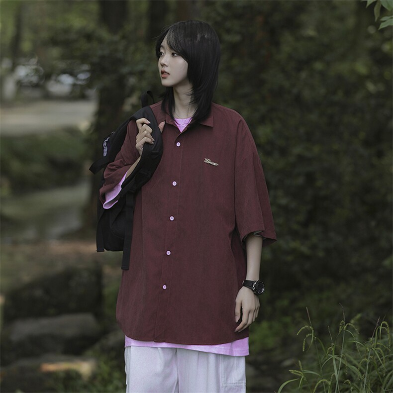 日系新款复古纯色短袖衬衫男女同款夏季宽松休闲情侣衬衣,男装衬衫,星座410-6（原星座1304-1）