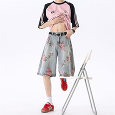 美式复古高街花卉牛仔五分裤男款夏季高级感XZ201-339P42，男装牛仔裤，星座201