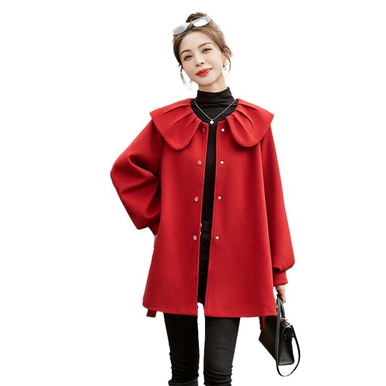 时尚显瘦红色毛呢外套女秋冬新款宽松大衣气质百搭斗篷式上衣,女装毛呢外套,贵人树