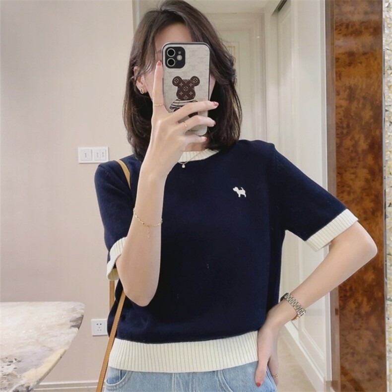 2025新款流行小个子短款针织上衣设计感小众冰丝短袖t恤女夏，女装T恤，珍珑羊绒