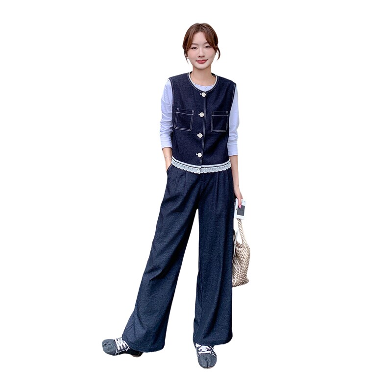 长袖T恤马甲时尚套装女2025年秋季新款洋气圆领外套阔腿裤三件套,女装套装/套裙,2D043