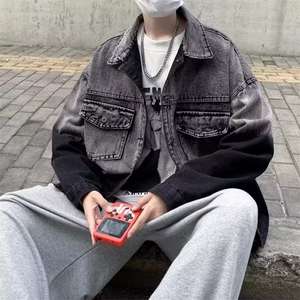 2023港风文艺撞色的牛仔外套男春秋宽松潮流渐变夹克图片