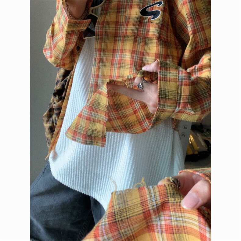 2025夏装美式复古黄色格子衬衫小众防晒衬衣A025-C03-P35,男装防晒衣,电商A025