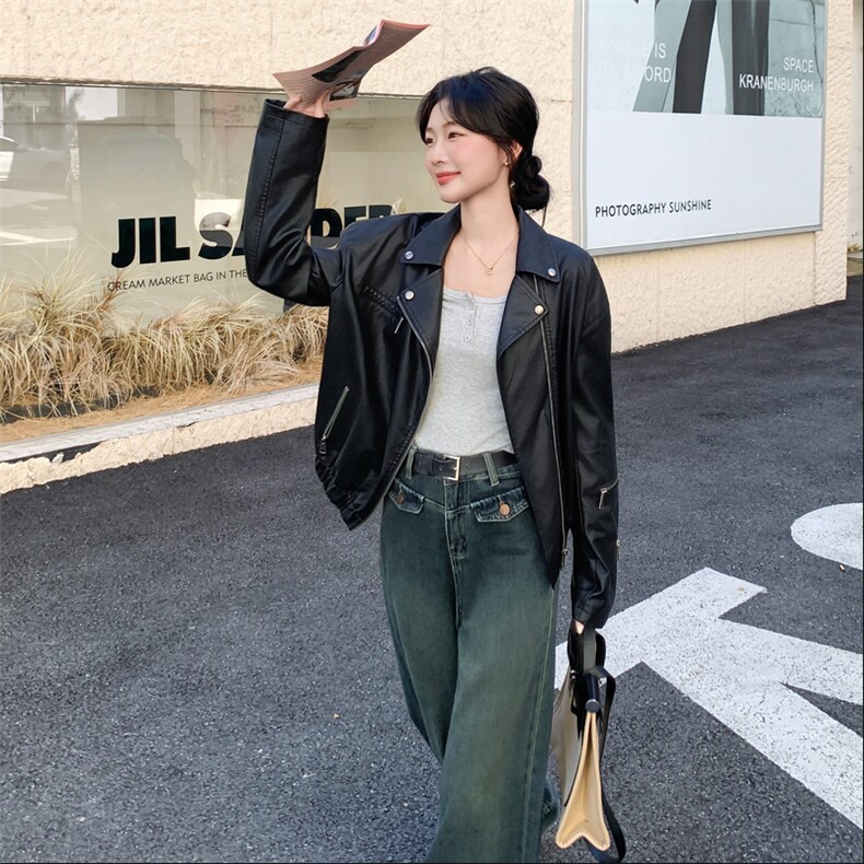 黑色中性风机车皮衣外套女2025秋季新款高级感时尚炸街百搭夹克潮,女装皮衣,2C058
