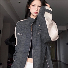 GC0728-P75网图复古机车磨砂拼皮立领棒球服飞行皮衣夹克外套女，男装皮衣，电商C233