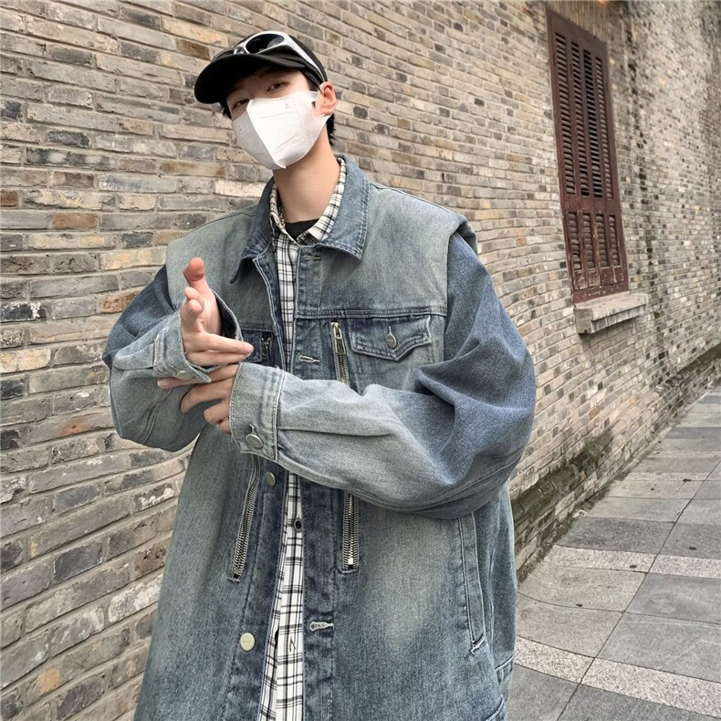美式复古重工水洗直角垫肩牛仔夹克外套男高级感上衣潮,男装夹克,星座716-3